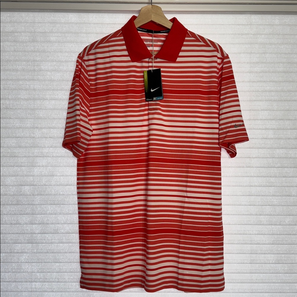 Brand new with tags! Nike Red/Orange and White Striped Polo Shirt. Size M.